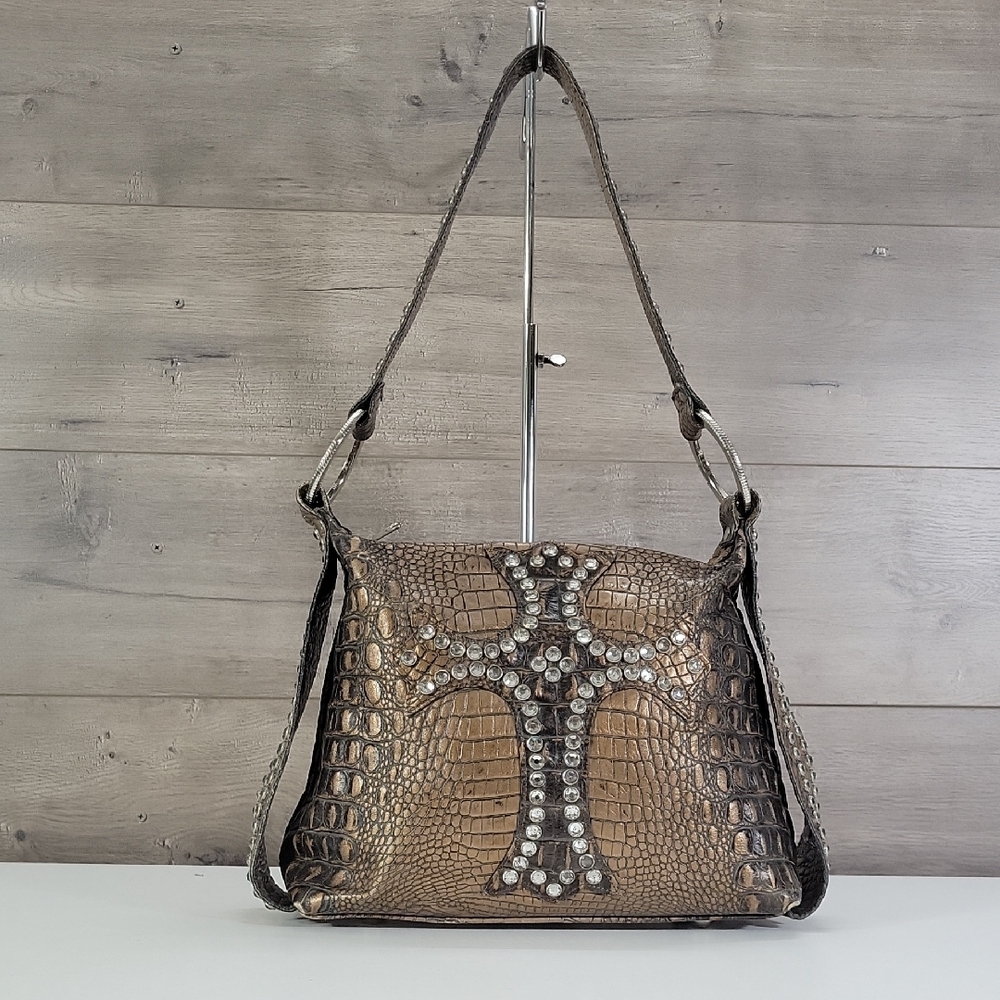 Raviani Studded Brown Croc-Embossed Leather Shoulder Bag